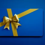 Blue gift card with gold ribbon bow