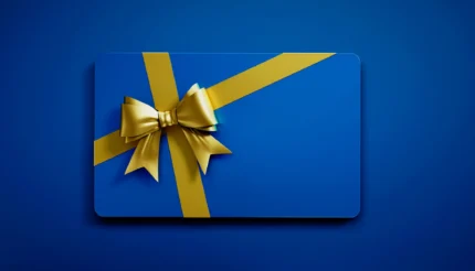 Blue gift card with gold ribbon bow