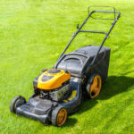 Yellow and black push lawn mower on grass