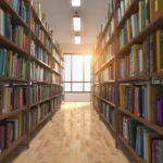 Sunlit library aisle between tall bookshelves
