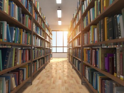 Sunlit library aisle between tall bookshelves